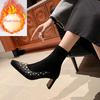 Fashion New Cowhide/suede 6.5cm High Heel Elastic Slimming Boots Autumn Winter Women Pearl/Rivet Style Fashion Ankle Boots Size 34-42
