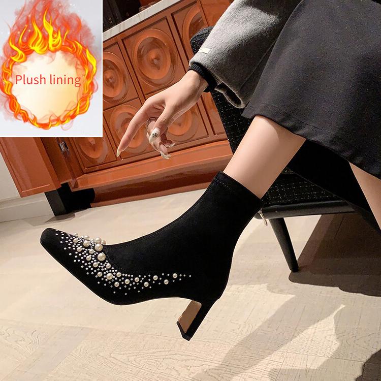 Fashion New Cowhide/suede 6.5cm High Heel Elastic Slimming Boots Autumn Winter Women Pearl/Rivet Style Fashion Ankle Boots Size 34-42