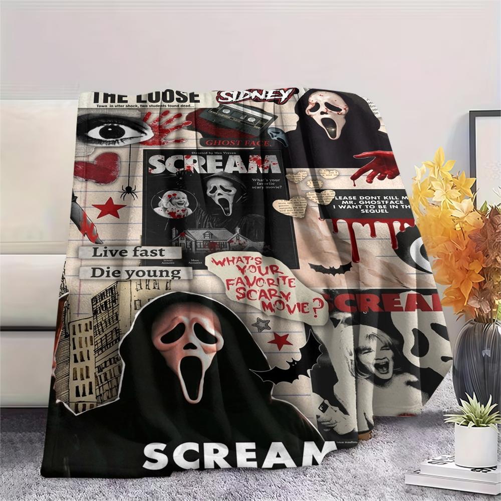1PC Scream Print Flannel Blanket, High quality Comfortable for All Seasons, Home Decor, Warmth and Comfort, Perfect for Christmas Gifts