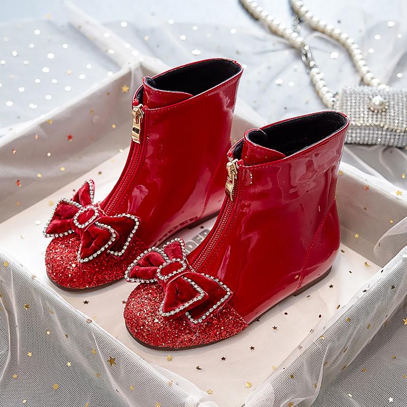 Girls Boots Children's Spring and Autumn Single Boots 2025 New Baby Martin Boots Winter Fleece Leather Boots Princess Crystal Short Boots