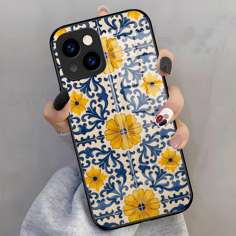 

Azulejo Pattern Phone Case For IPhone 17 Pro Max 16 15 14 Pro Max 13 11 X Xs Xr 8 7Plus Glass Cover iPhone17 Pro Max