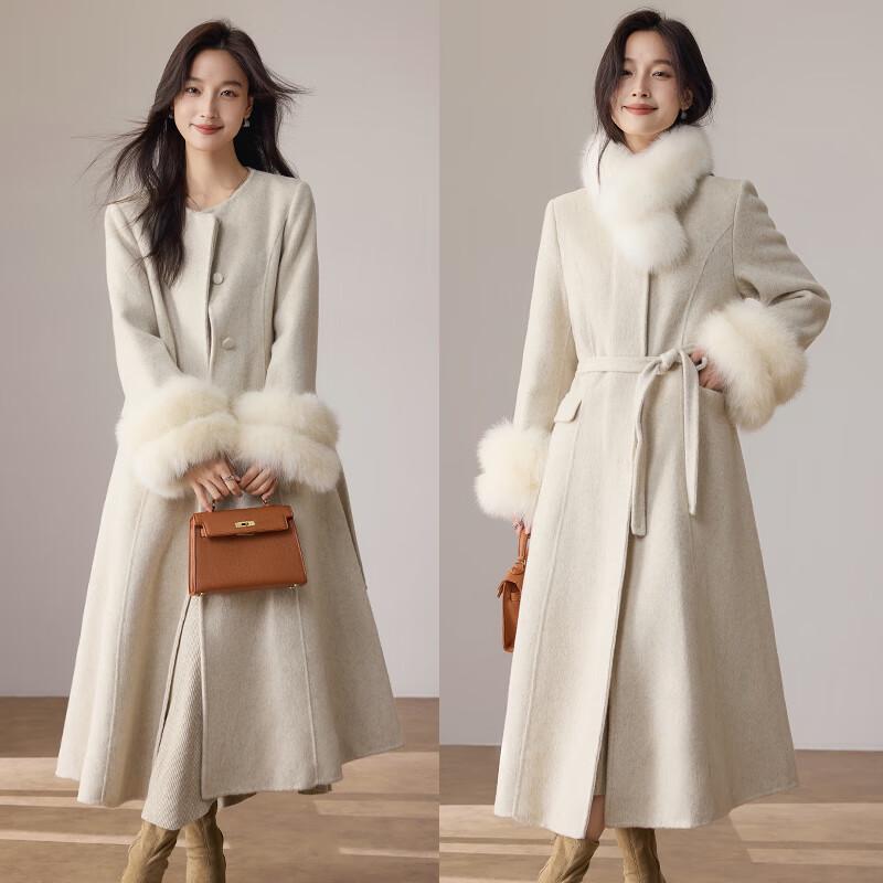 VICTORIA&VERA Women's Fox Fur Collar Wool Long Coat