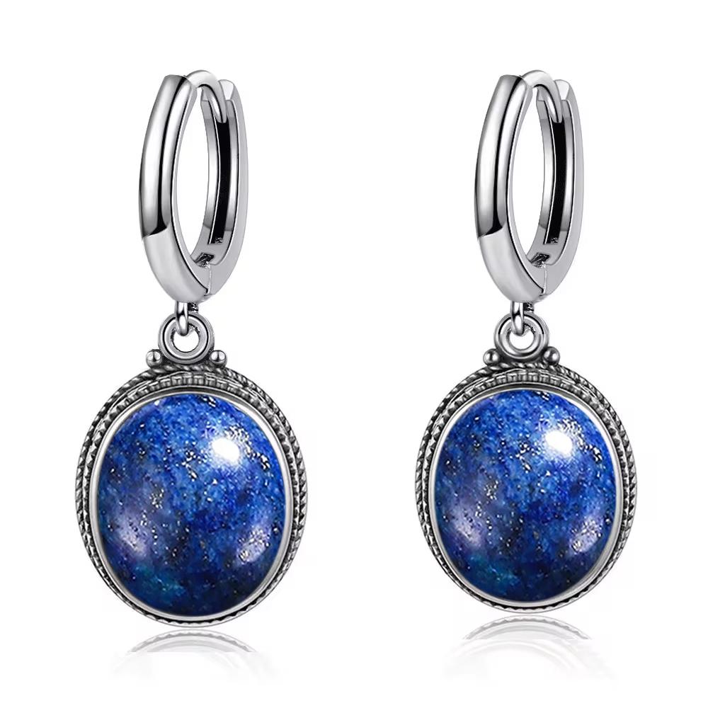 Vintage 925 Silver Natural Labradorite Earrings with Blue Light 10*12mm Big Stone Hoop Earrings Fine Jewelry for Women