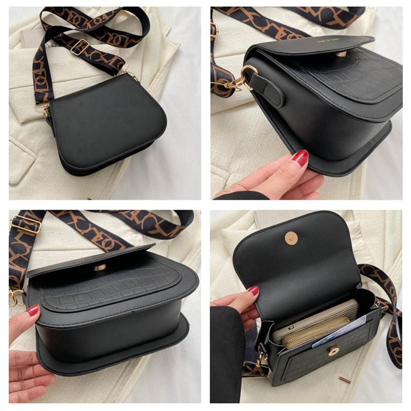 Simple PU Leather Saddle Shoulder Bags Solid Color Crossbody Bag Wide Strap Flap Purse and Handbag For Women Girls AVE