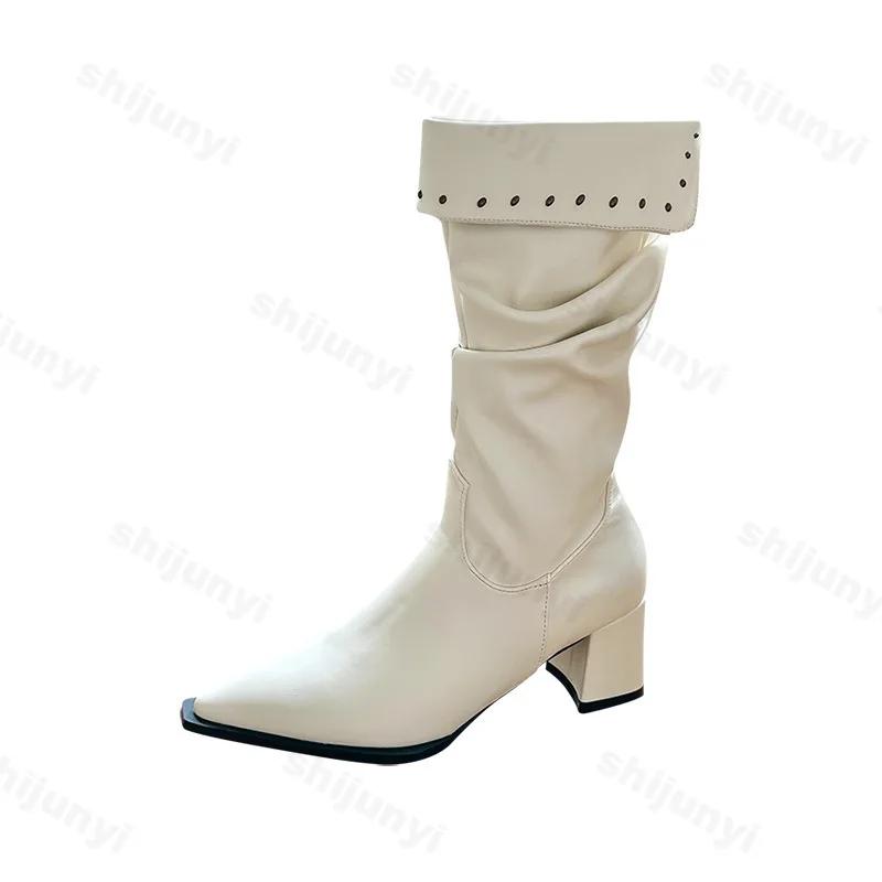 Square Heel Women Western Cowgirl Boots Fashion Rivet Pointed Toe Mid-calf Boots Autumn Winter Ladies Elegant Short Booties