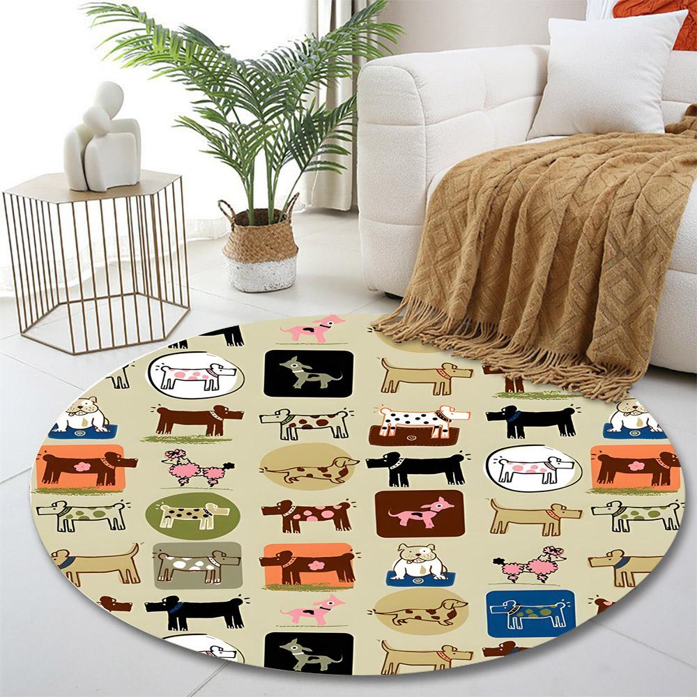 Cartoon Dogs Patterned Round Carpet Print round rug, living room, bedroom, playroom carpet, non slip floor mat, gift