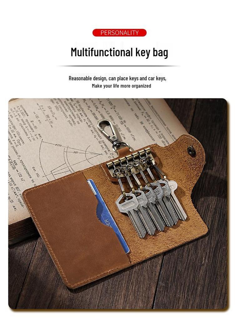 Universal Crazy Horse Leather Key Holder with Card Slot and Waist Buckle for Men and Women