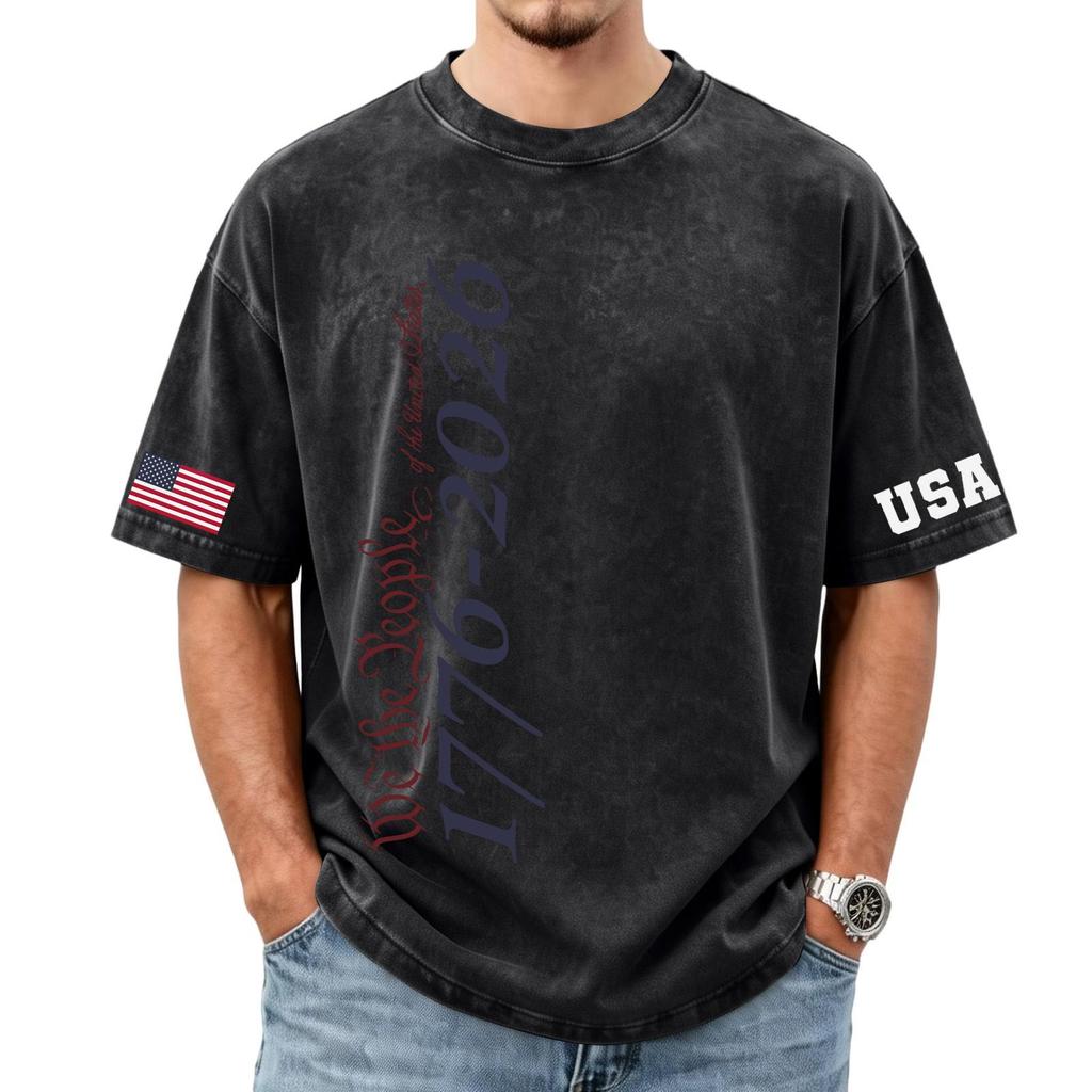 Men's loose and casual flag letter print T-shirt - Men's trendy washed short-sleeved top