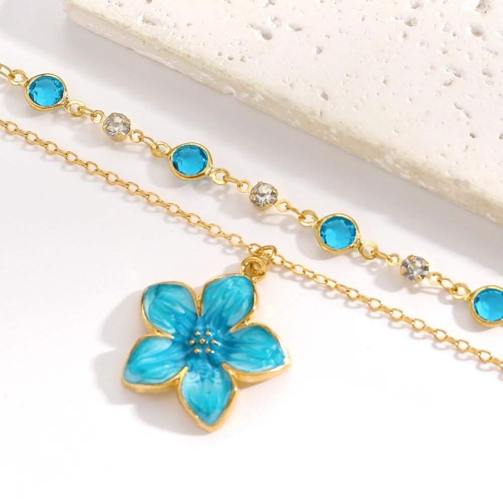 2Pcs/Set Gold Plated Flower Pendant Necklace Pink Crystal Crystal Chain Necklace Women Girl