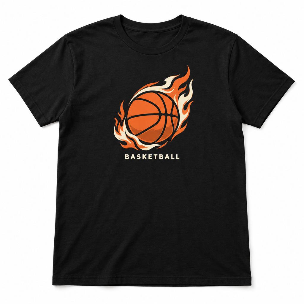 Basketball Flame Graphic T-Shirt Black Orange Sports Fan Casual Tee