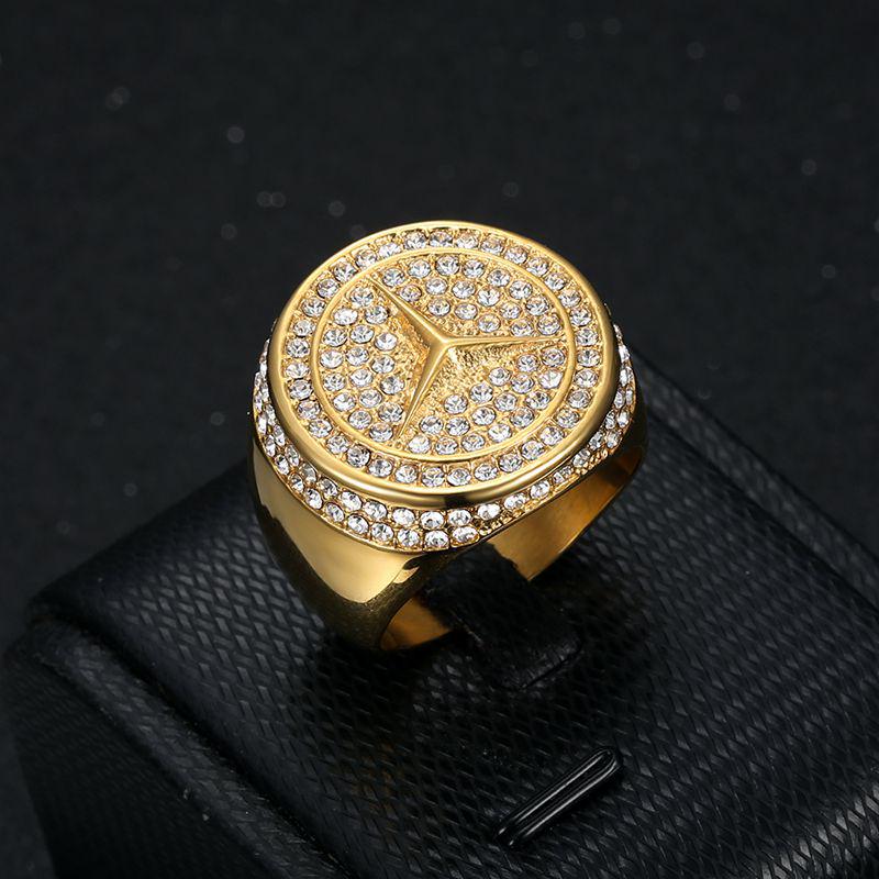 European-American Hip Hop Gold-Plated Rhinestone Titanium Ring for Men