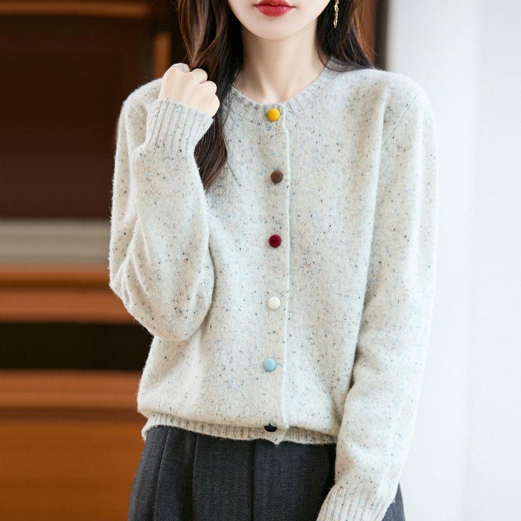 Women's 100% Wool Cardigan Sweater - Round Neck, Colorful Buttons, Loose Fit, Long Sleeve, Casual Autumn/Winter Fashion Outerwear