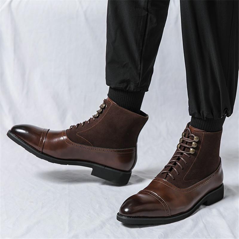Classic Fashion Pointed Retro Suede Patchwork Lace Up Ankle Boots for Men Designer Botas Trend Casual High-top Motorcycle Shoes