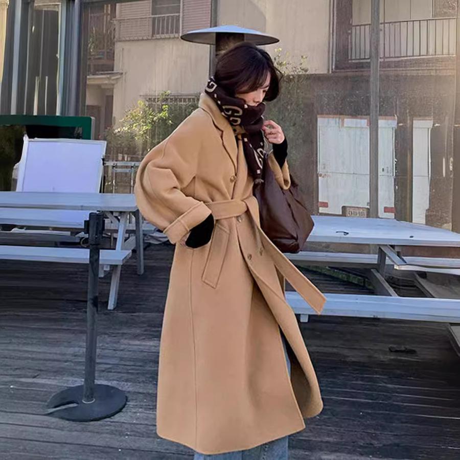 Women's Long Sleeve Wool Blend Coat Autumn Winter New Style Trendy Camel Color Hepburn Style Lady Fashion Coat