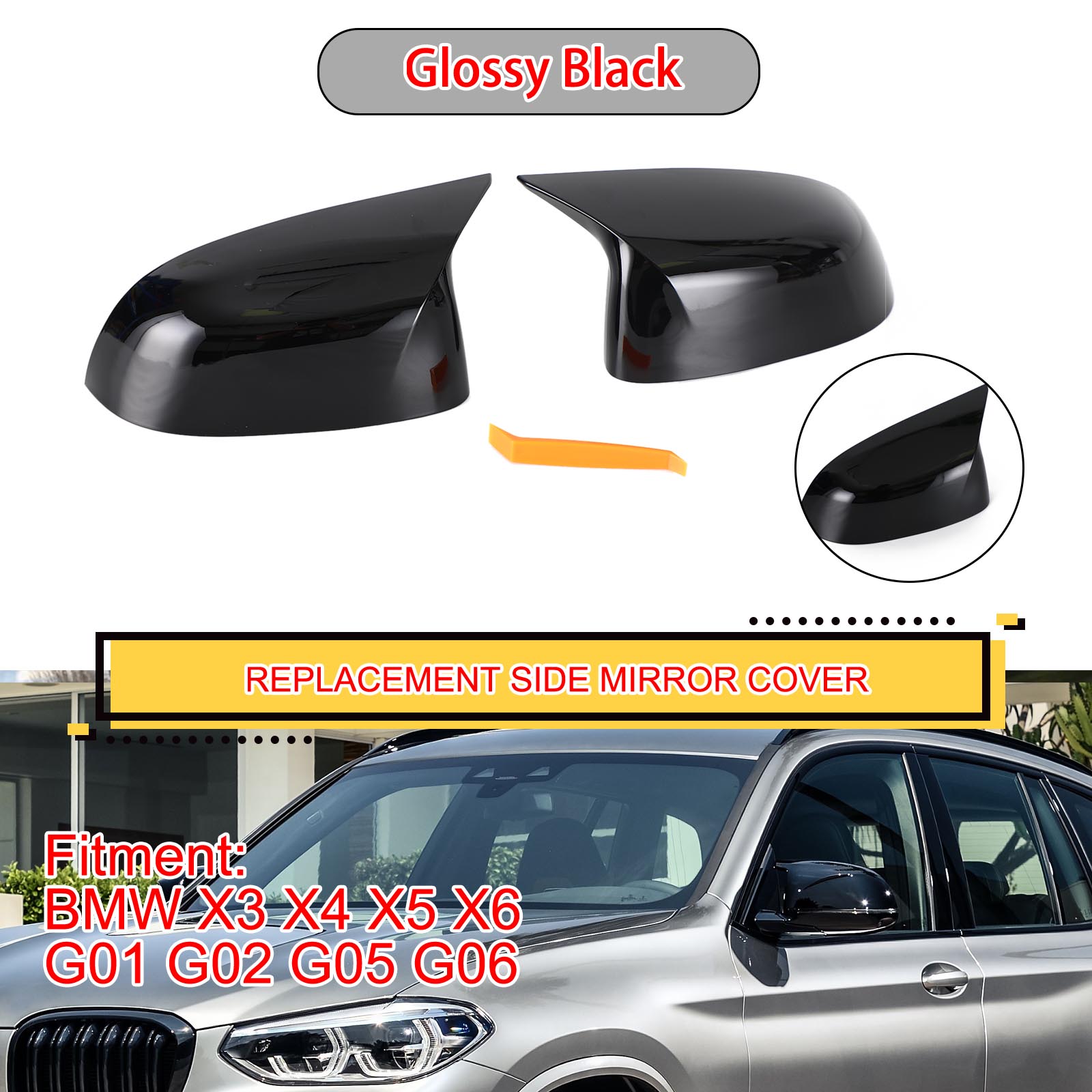 

2x Black Rear View Side Mirror Cover Caps For BMW X3 X4 X5 X6 G01 G02 G05 G06