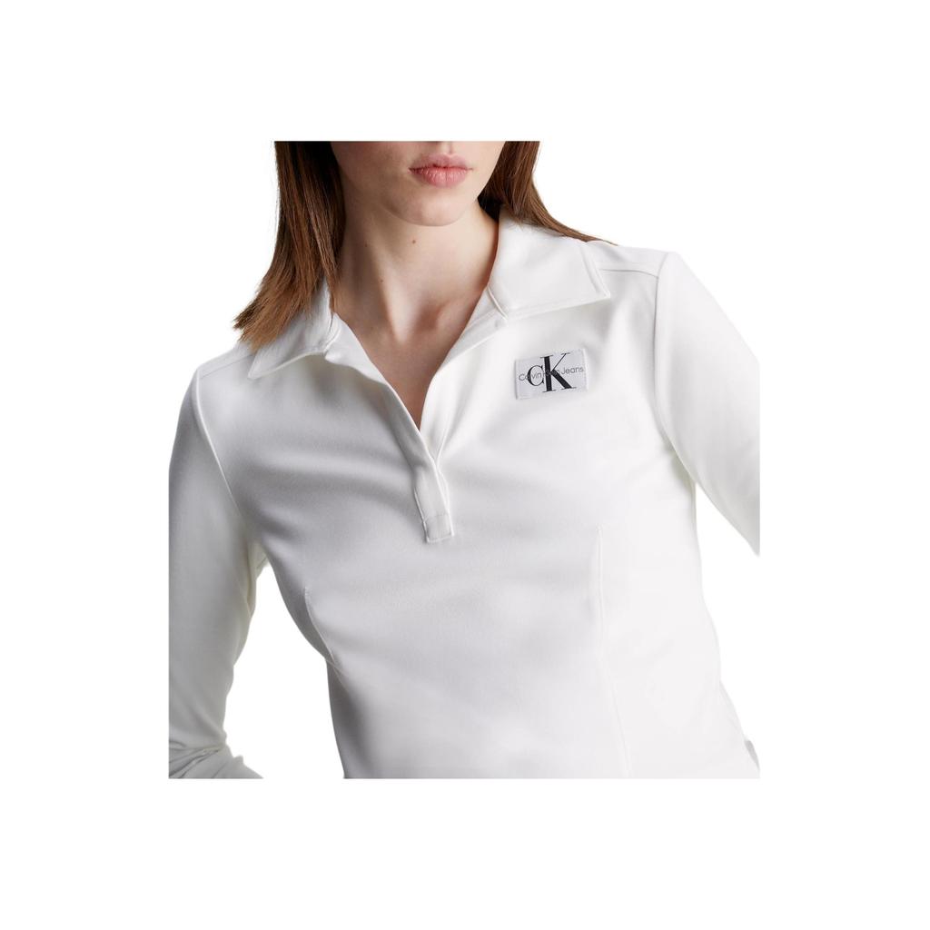 Calvin Klein Jeans Logo Badge Premium Stretch Slim Fit Long Sleeve Polo Shirt Women Tops Bright-White J20J222556-YAF