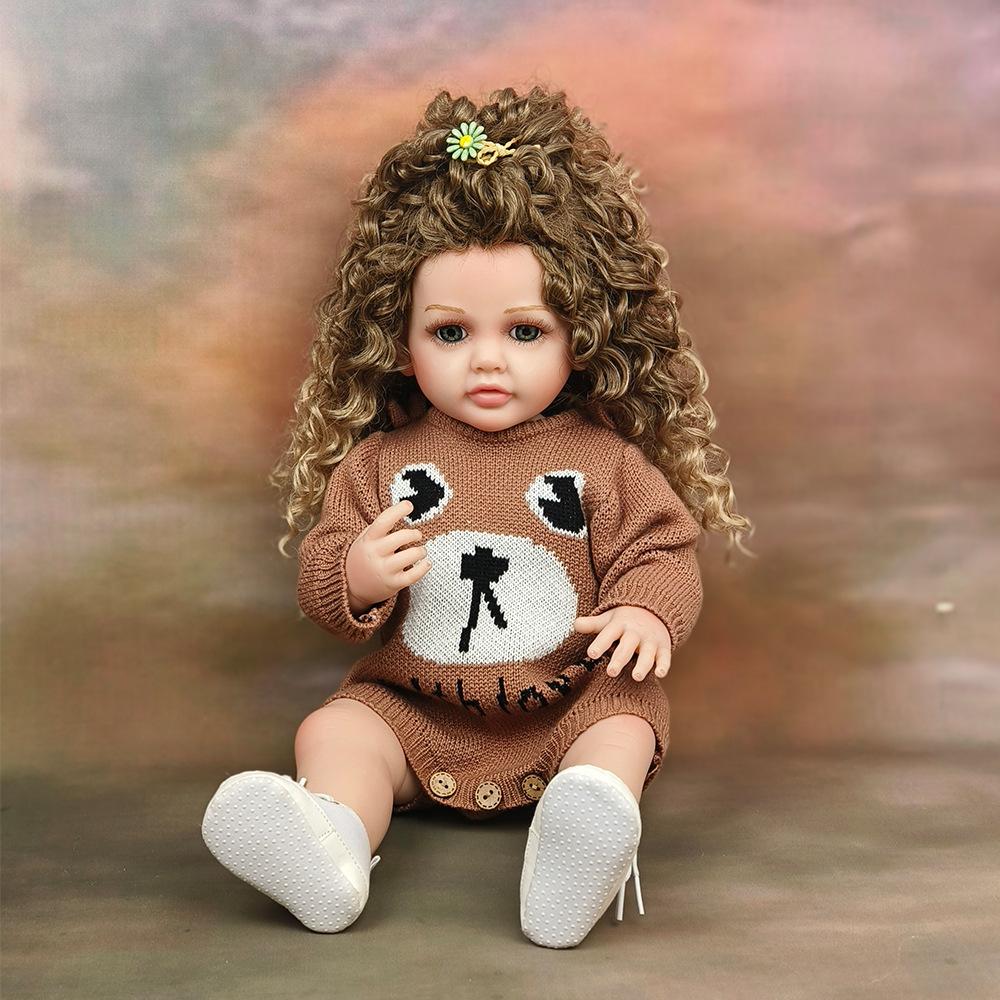 55cm Reborn Baby Doll Realistic Vinyl Girl Doll with Curly Hair Woolly Curls Cutie Knitted Outfit