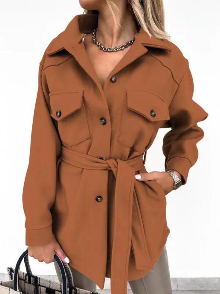 Women Winter Wool Coat with Lace Trim Long Sleeve Solid Color Autumn Fashion