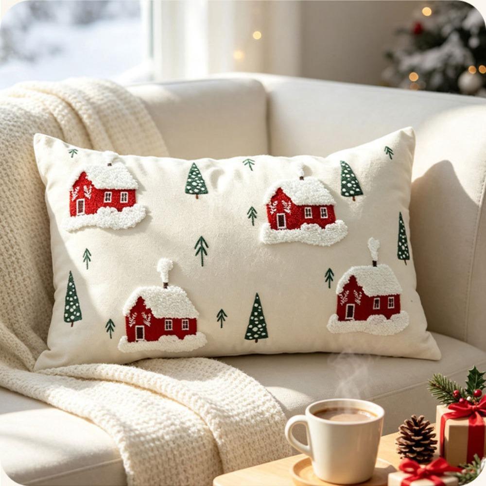 3D Embroidered Pattern Christmas Throw Pillow Cover Christmas Tree/Leaf Rectangular Sofa Pillowcase Square Washable