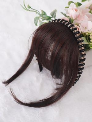 Synthetisches Stirnband, Pony, Verlängerung, Pony, glattes Haar, dunkelbraunes Haar für Frauen
