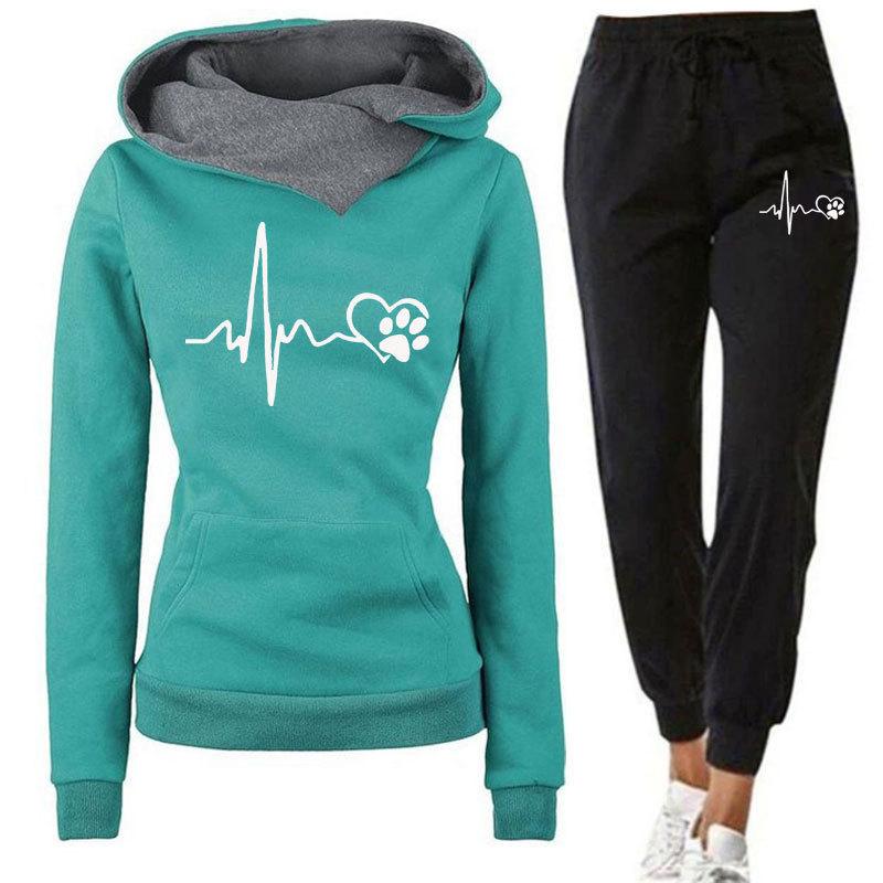 Neues Frühlings- und Herbst-Winter-Freizeitsport-Set, Herzschlagfrequenz-bedruckter Damen-Hoodie, Sweatshirt-Set, trendig