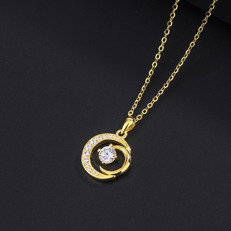 Sterling Silver Double Moon Companion Zircon Necklace Womens Elegant Versatile Clavicle Chain Fashion Jewelry Accessory