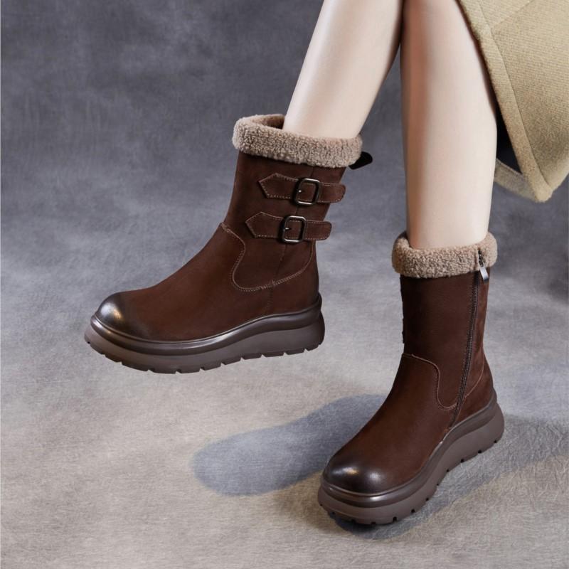 Johnature Anti Slip Thick Soled Snow Boots Belt Buckle Plush Warm Genuine Leather Women's Mid-calf Boots