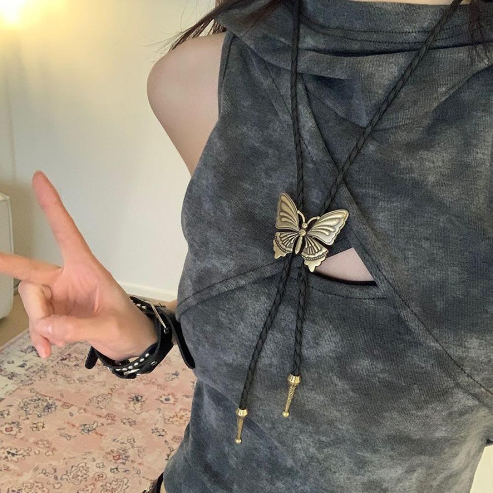 Boho Five-pointed Star Bolo Tie PU Woven Bronze Butterfly Choker Turquoise Feather Necklace  Men