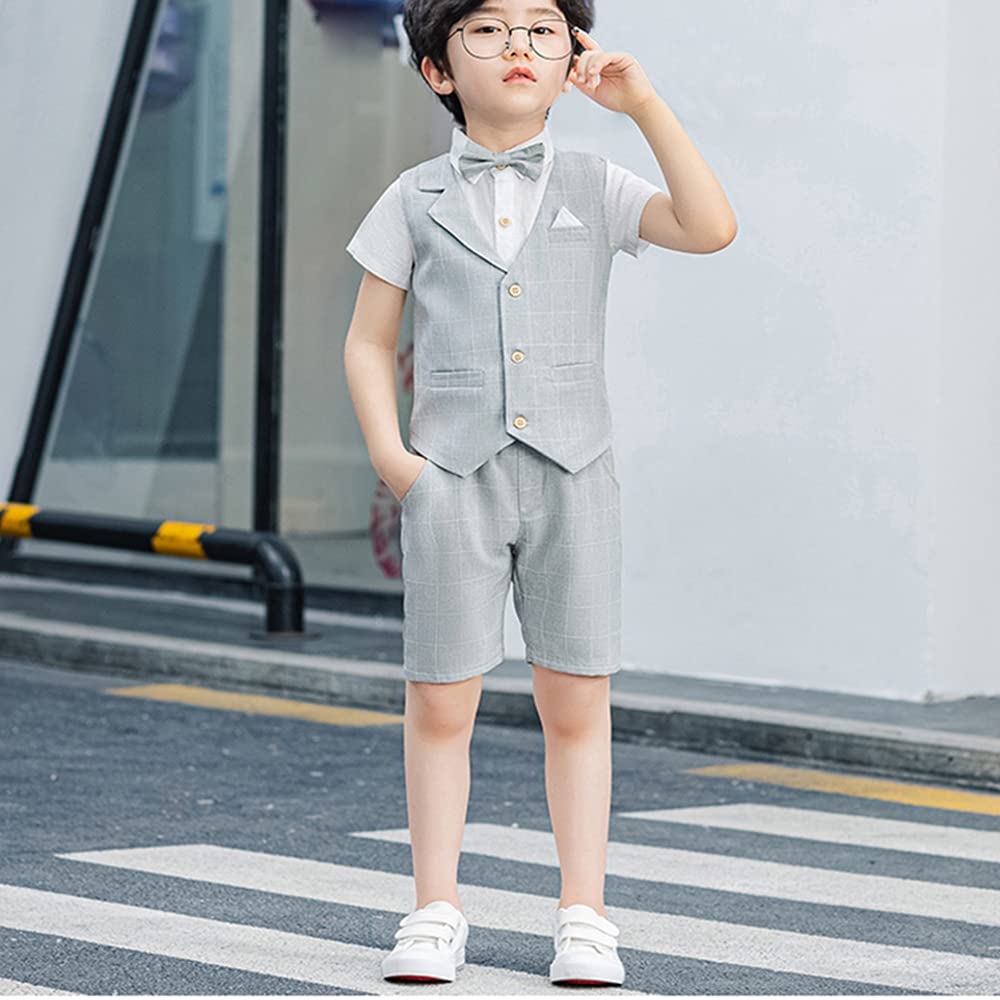 LOLANTA Boys' Formal Summer Suit, Short Sleeve Shirt, Pants, Vest, and Bow Tie, Gray, 4-Piece Set, Size 130, for Weddings, Recitals, and Shichi-Go-San
