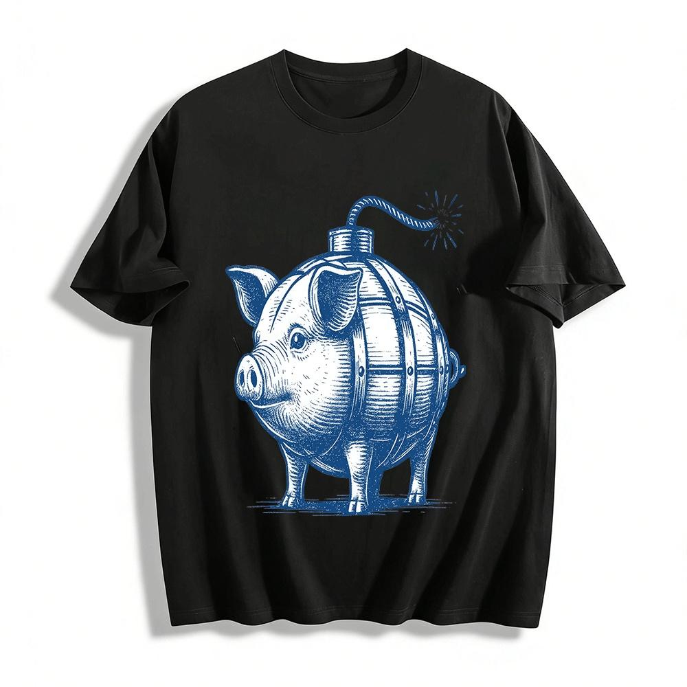 

Vintage Barrel Pig Bomb Graphic Tee Quirky Funny Casual Top Pure cotton T-shirt XXS