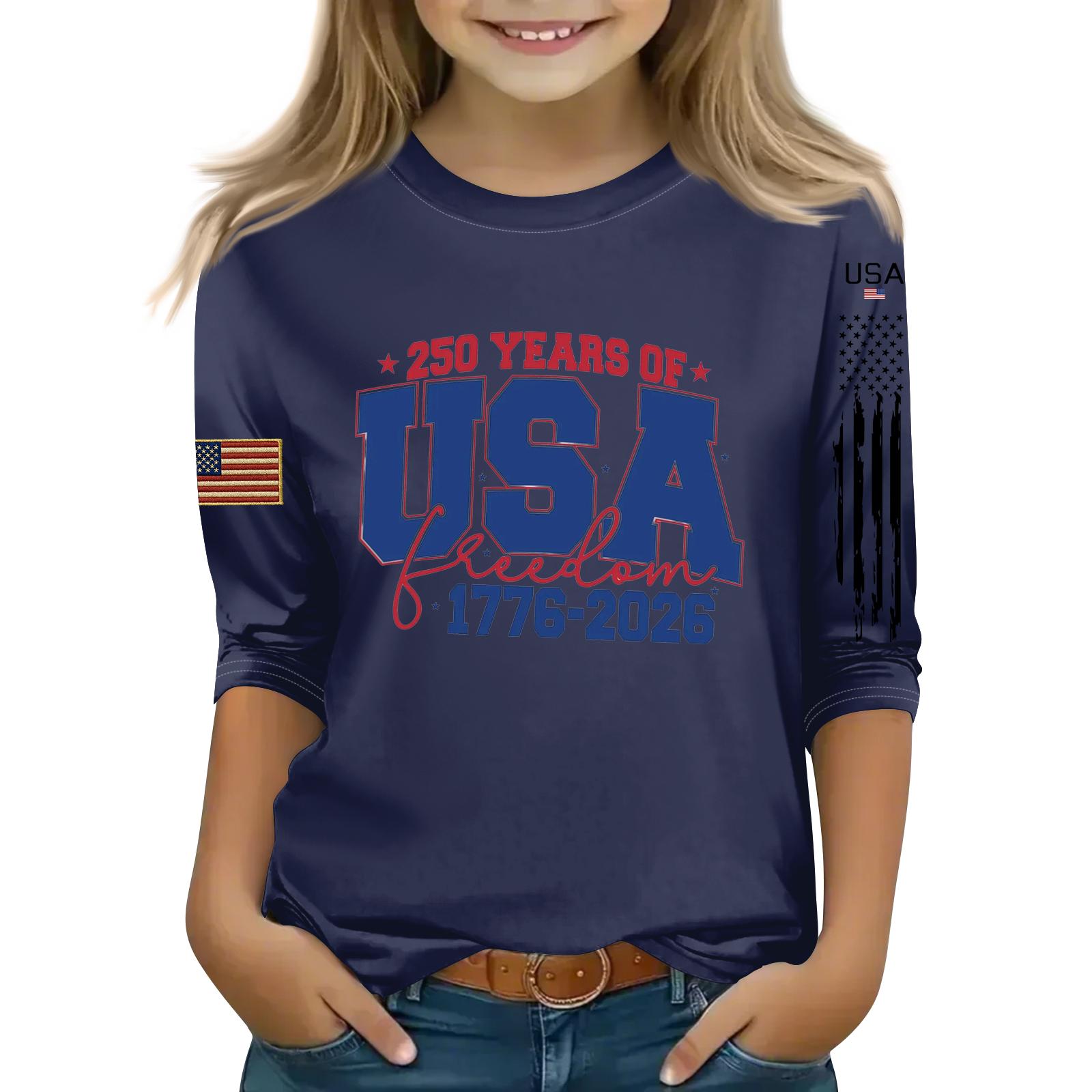 

Детский легкий топ с круглым вырезом и принтом ко Дню независимости, весна/лето 120 тёмно-синий