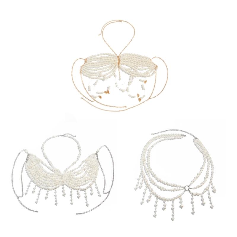 Unique Designs Elegant Pearls Body Jewelry Bra Chain Soft Fabric Decorative Accessory for Bolds Fashionable Statement