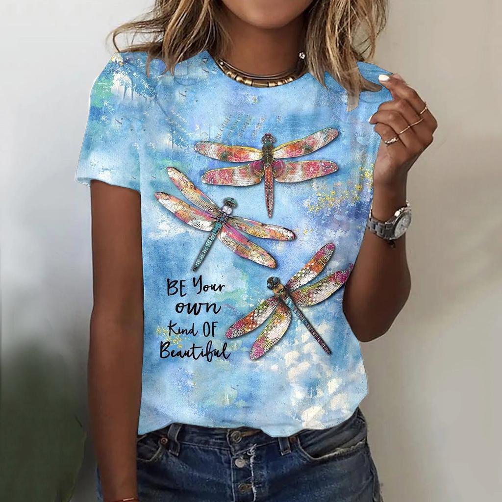 Letnie T-shirty damskie z krótkim rękawem, modne i codzienne, z okrągłym dekoltem i nadrukiem 3D motyla i ważki