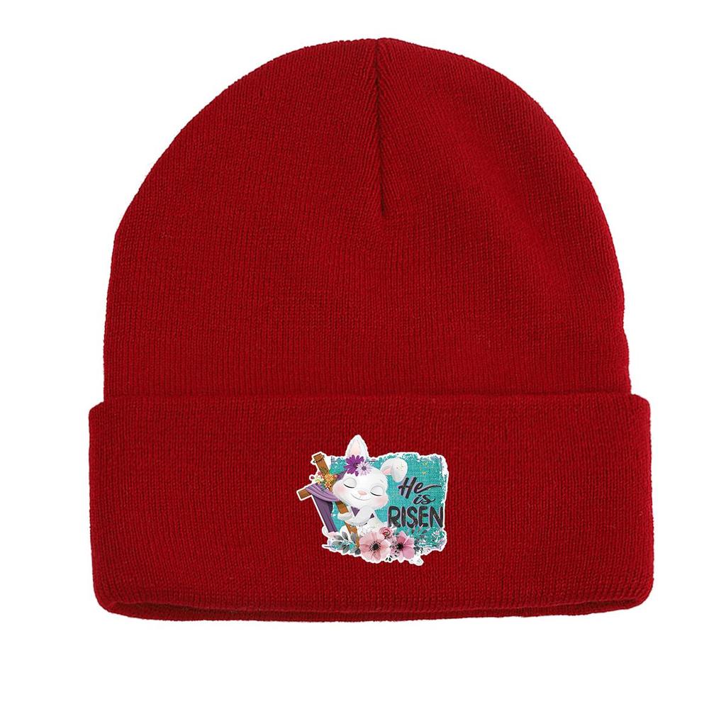HE IS RISEN" Rabbit Print Knitted Cap Beanie, Easter Skull Cap Cancer Chemo Winter Sporting Headwear Knit Hat Beanie