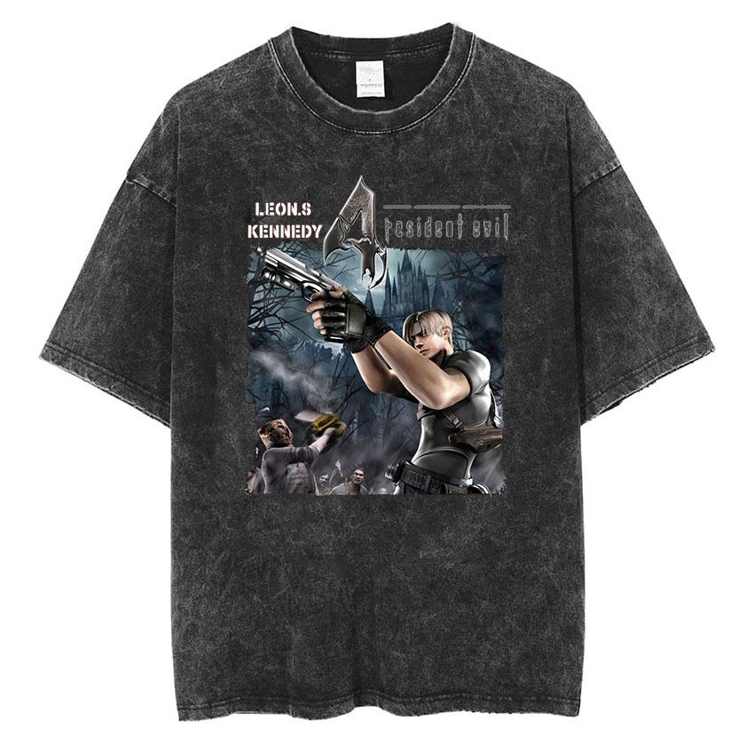 Resident Evils Leon Print Tshirt for Men Women Clothing Short Sleeve Cotton Soft Tee Tops Harajuku Washed Oversized Streetwear