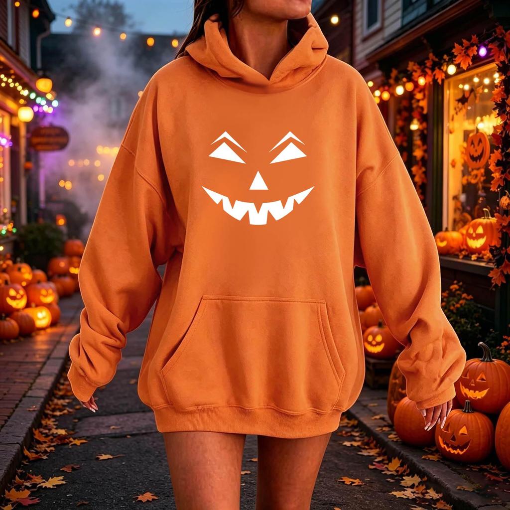 Damen Kapuzenpullover mit lässigem Halloween-Print, Langarm-Pullover für trendige saisonale Outfits