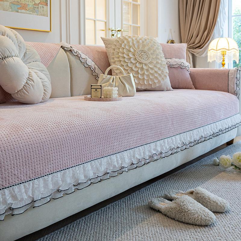 Nový žinylkový krajkový okrajový potah na pohovku Čtyřsezónní univerzální polštář na gauč Francouzský retro potah na pohovku ve tvaru L Protiskluzová podložka na gauč