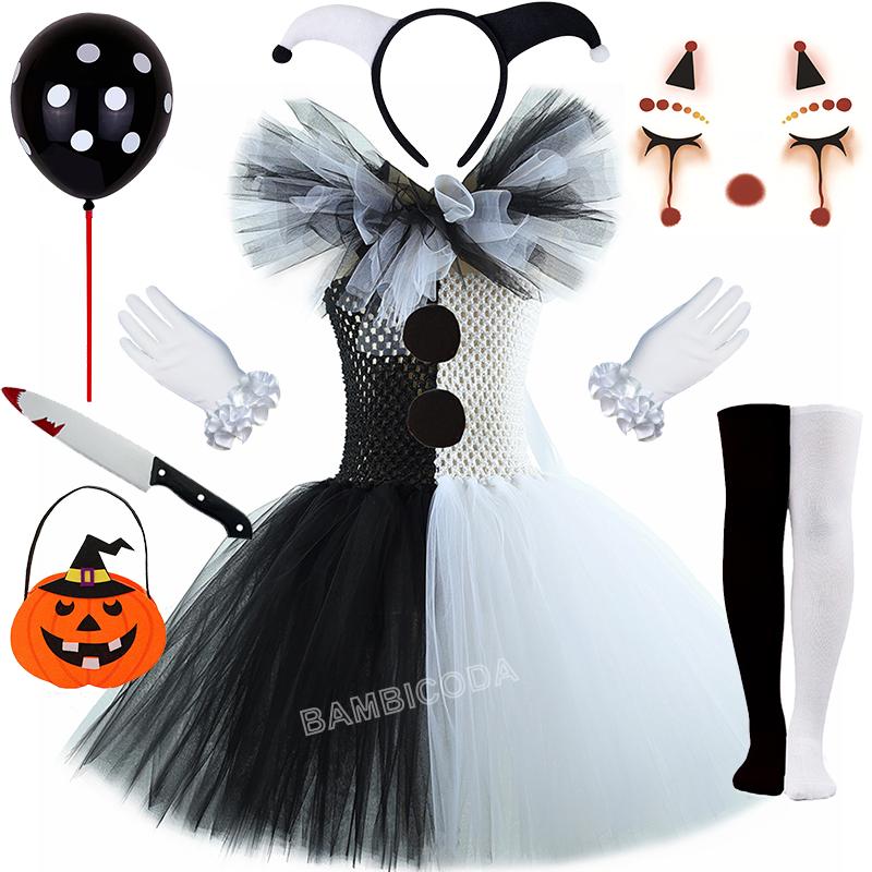 Das Clownskostüm Terrifier Art Girl Schwarz Weiß Ausgefallenes Tutu-Kleid Horror Joker Kleid für Mädchen Halloween Karnevalsparty Kostüme