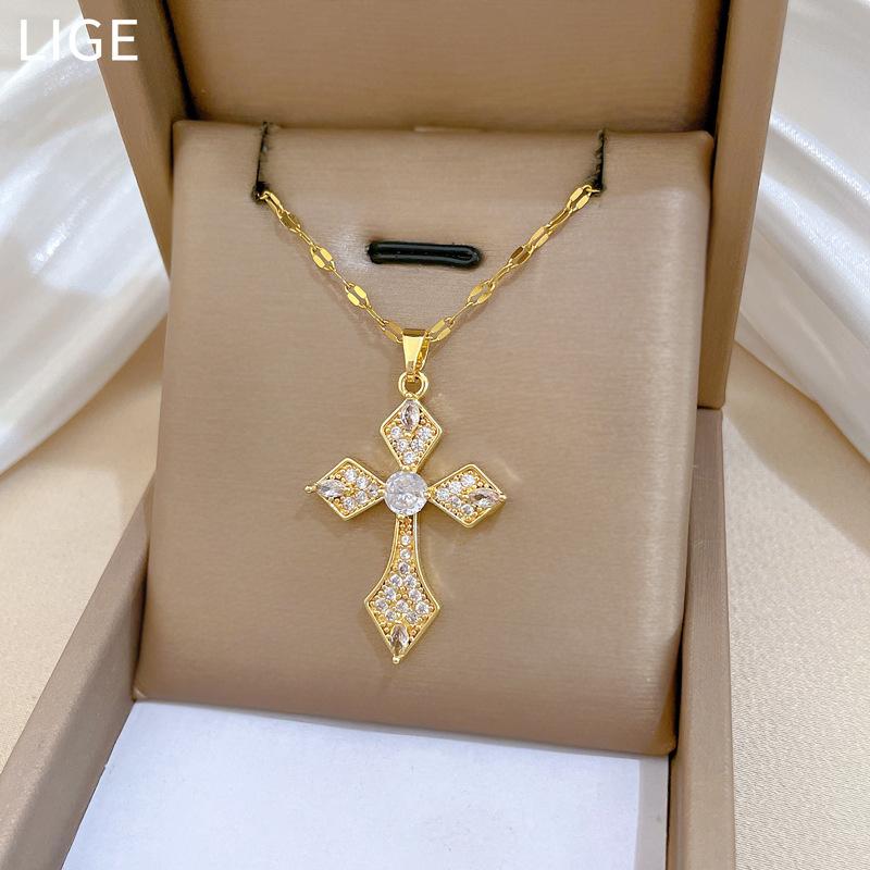 Acero de Titanio, Cruz de Diamante Completo Ligera Lujosa Temperamento Preciosa Cadena de Clavícula Versátil Femenina Collar de Diamante Completo Acero de Titanio