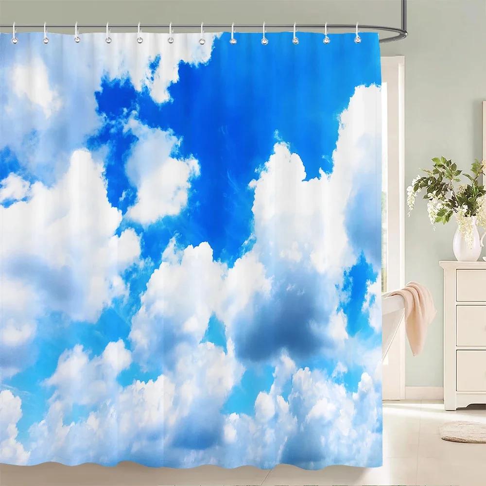 Blauer Himmel Wolken Landschaft Duschvorhang Wasserdichter Badezimmervorhang Mit Haken Badezimmer Vorhänge Stoff 3D Gedruckt 180*200cm Vorhang