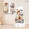 Women Plus Size Two Piece Dress Set Tie Neck Three Quarter Sleeve Cardigan Sleeveless Long Dress Halloween Ghost Pumpkin Printed White