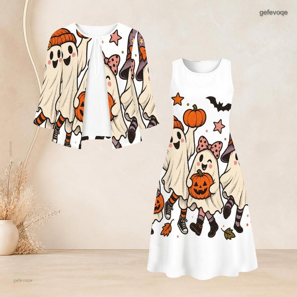 Women Plus Size Two Piece Dress Set Tie Neck Three Quarter Sleeve Cardigan Sleeveless Long Dress Halloween Ghost Pumpkin Printed White