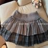 Hot Girl Floral Plaid A-Line Puffy Skirt - Double Layered, High Waist for Autumn/Winter
