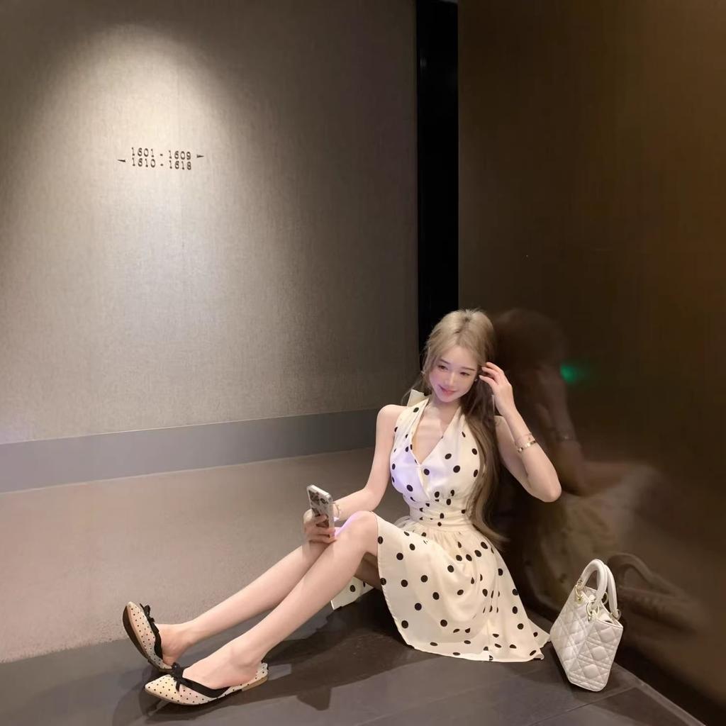 Bow Strap Backless Polka Dot Neck Dress Summer New Sweet and Spicy Waist and Thin Temperament a Word Short Skirt