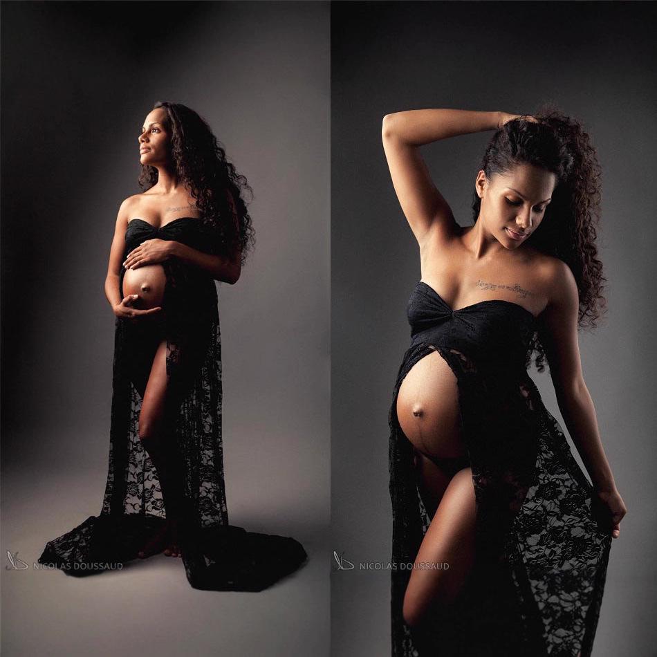 European & American Women's Lace Maternity Strapless Maxi Dress - Photography Sleeveless Long Train (2020 Model)