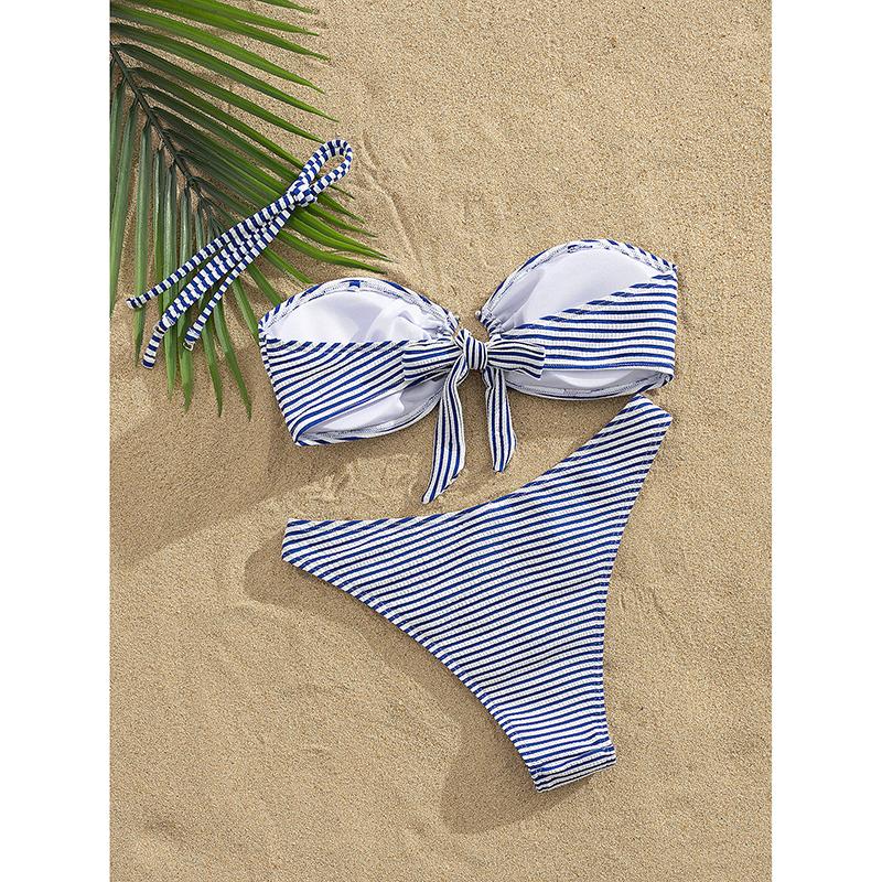 Sexy Blue Striped Bikini Women Front Ring Bandeau Push Up Thong Swimsuit Summer Bathing Suit Two Piece Swimwear Biquini