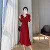 French Vintage Pearl Chain Knit Dress Women's Winter New Gentle High Waisted Base Dresses Korea Chic Designer Casual Clothing