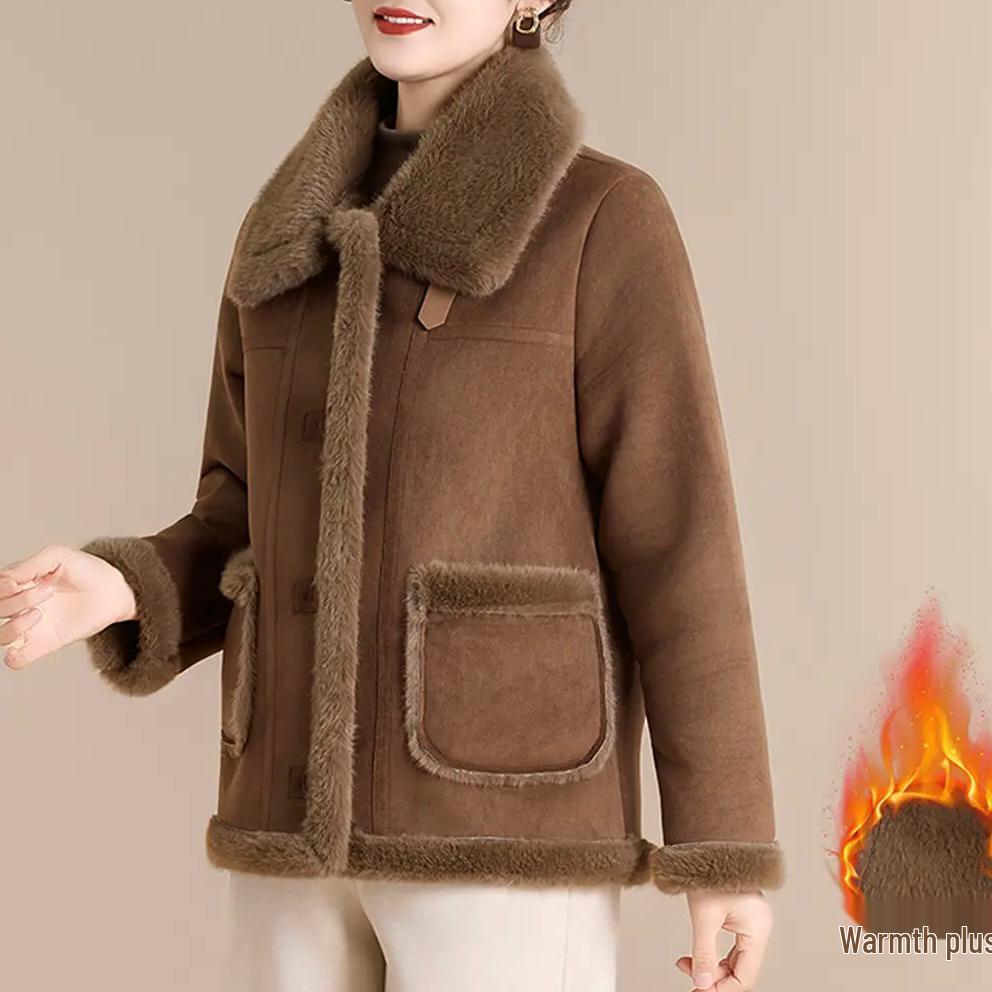 

Chic Winter-Style Leather & Fur Jacket for Middle-Aged and Elderly Women – Velvet-Lined, Thick Wool Coat 2XL (53-60 kg)