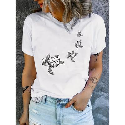 European Size Women'S Chic Turtle Print T-Shirt Comfortable Fashion Casual Short Sleeve Round Neck Daily Wear Top