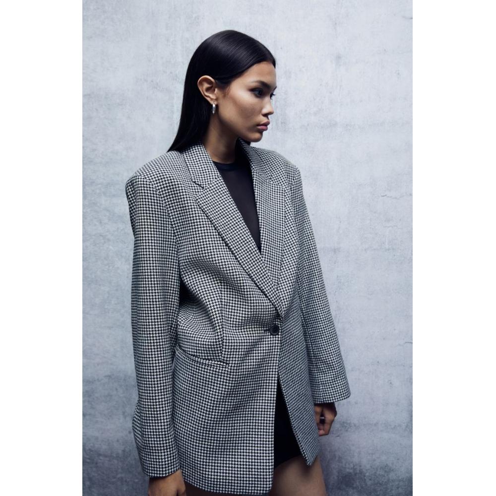 

H M oversized twill jacket black houndstooth pattern